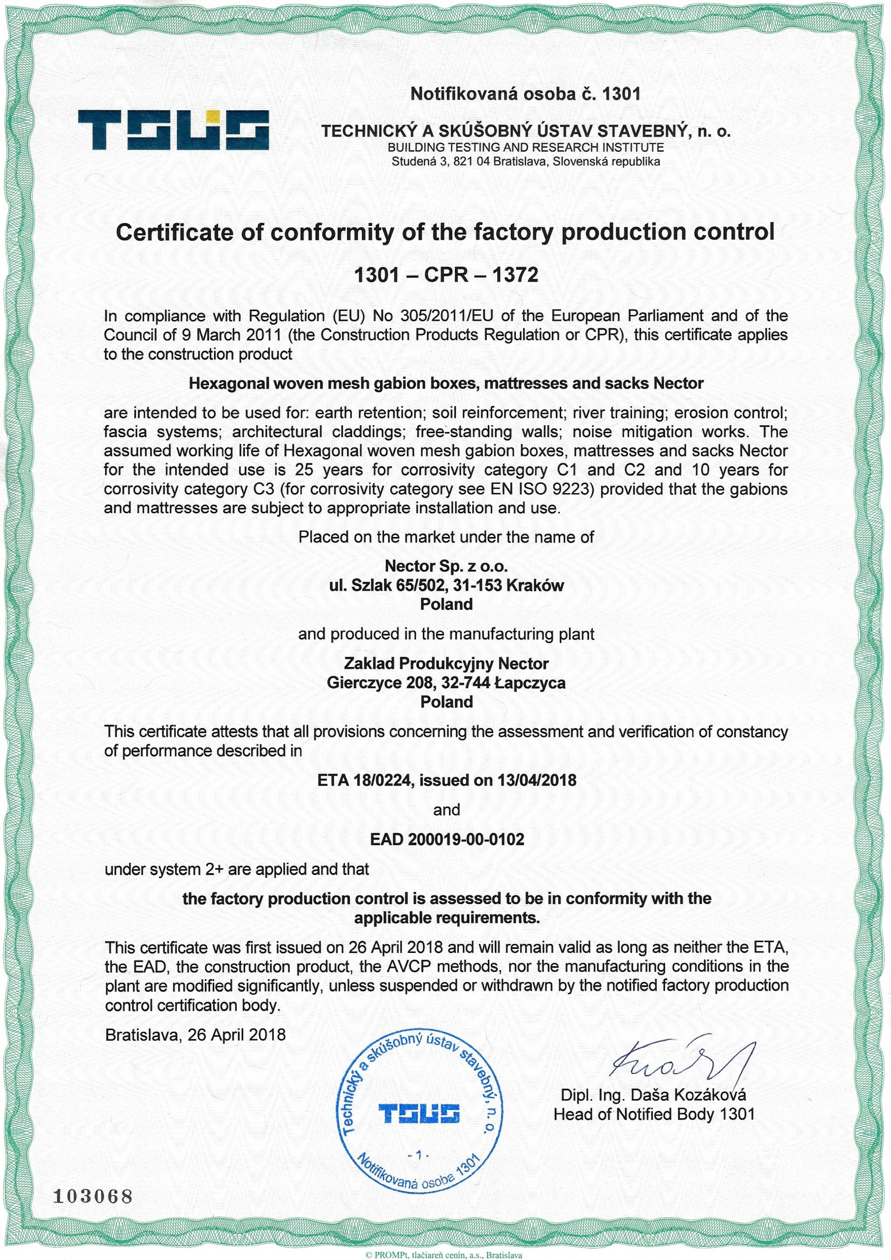 Certificate of Conformity of the factory production control 1301-CPR-1372