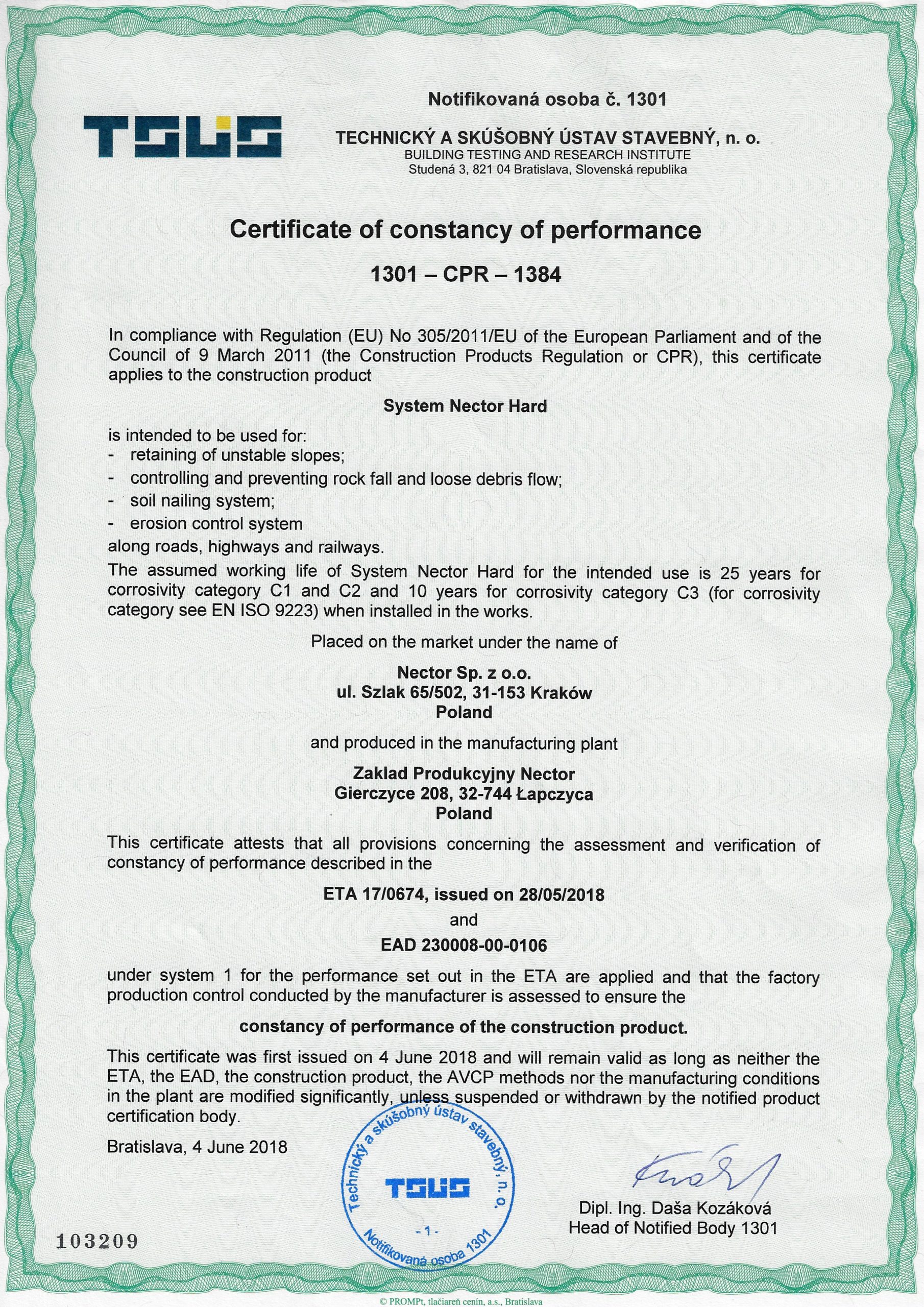 Certificate of constancy of performace 1301-CPR-1384 System Nector Hard