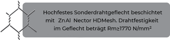 Hochfestes Sonderdrahtgeflecht beschichtet mit ZnAl Nector HDMesh. Drahtfestigkeit im Geflecht beträgt Rm≥1770 N/mm²